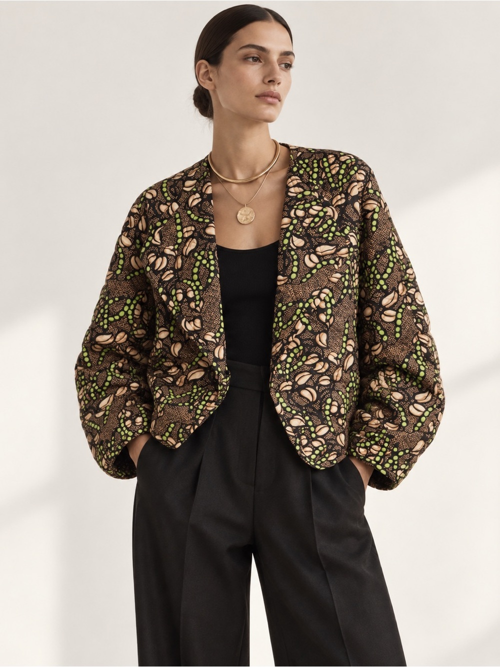 ALC Quilted Printed Bouclé Jacket in Brown & Green Size S NWT